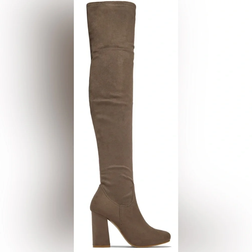Womens Taupe Suede Over The Knee Block Heel Boots Fashion Footwear Size 9